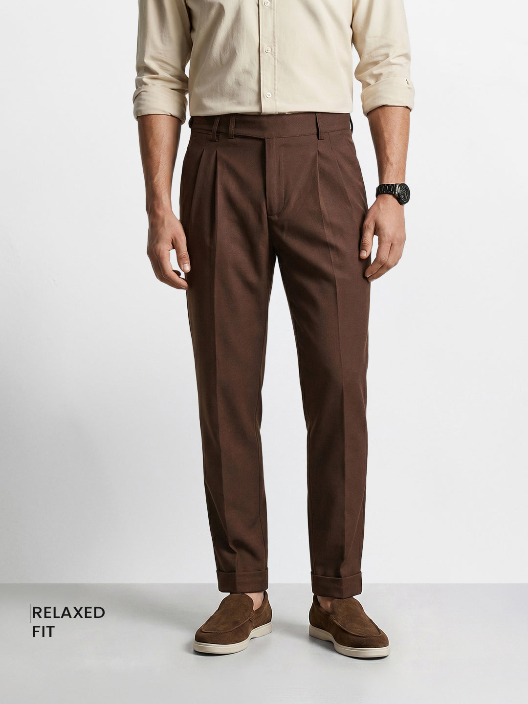 Men's Brown Relaxed Fit Solid Casual Trousers
