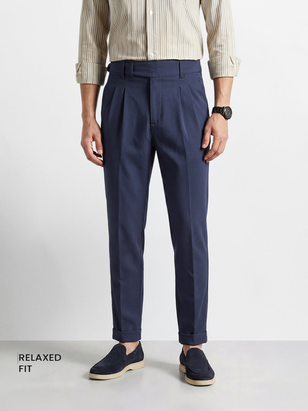 Men's Blue Relaxed Fit Solid Casual Trousers