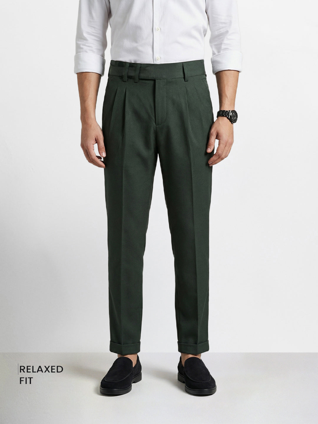 Men's Green Relaxed Fit Solid Casual Trousers