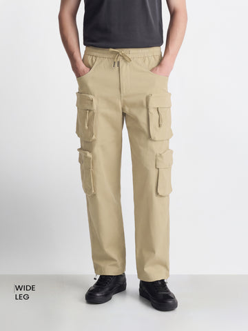 Men's Beige Wide Leg Fit Solid Utility Cargo
