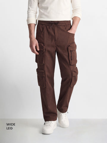 Men's Brown Wide Leg Fit Solid Utility Cargo