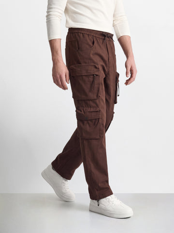 Men's Brown Wide Leg Fit Solid Utility Cargo