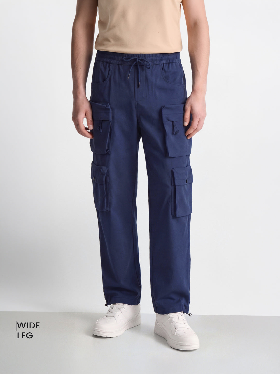 Men's Blue Wide Leg Fit Solid Utility Cargo