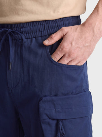 Men's Blue Wide Leg Fit Solid Utility Cargo