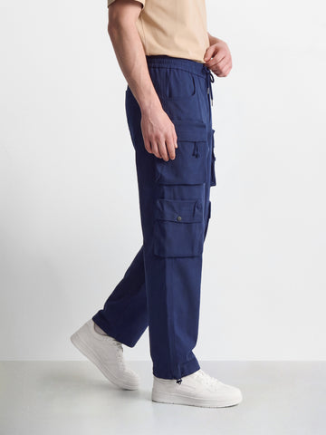 Men's Blue Wide Leg Fit Solid Utility Cargo