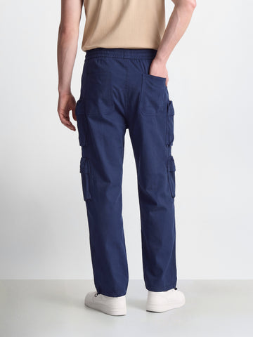 Men's Blue Wide Leg Fit Solid Utility Cargo