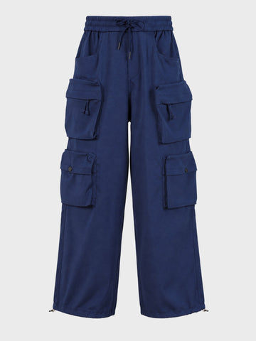 Men's Blue Wide Leg Fit Solid Utility Cargo