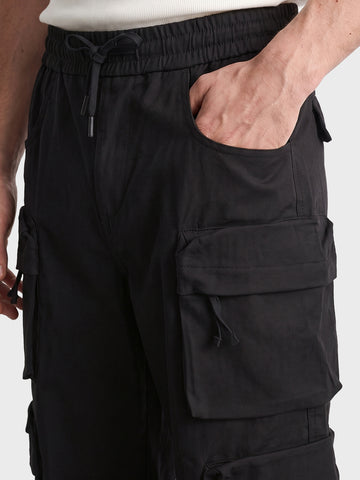 Men's Black Wide Leg Fit Solid Utility Cargo