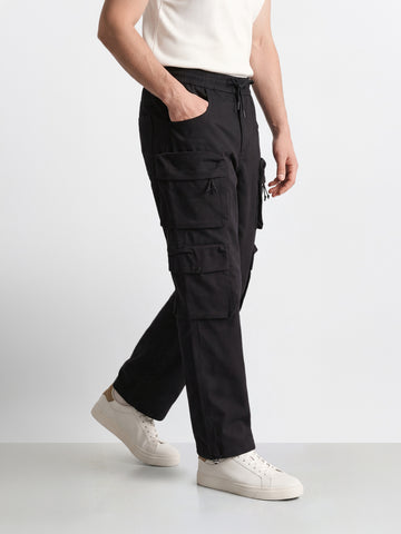 Men's Black Wide Leg Fit Solid Utility Cargo