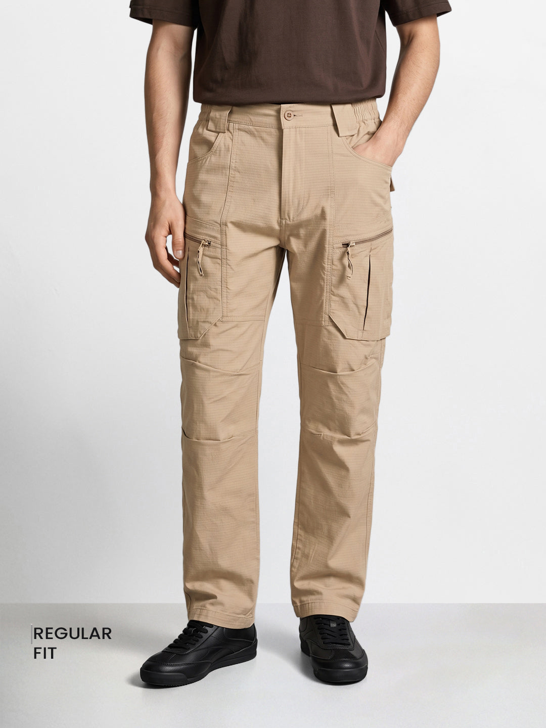 Men's Khaki Relaxed Fit Solid Casual Cargo