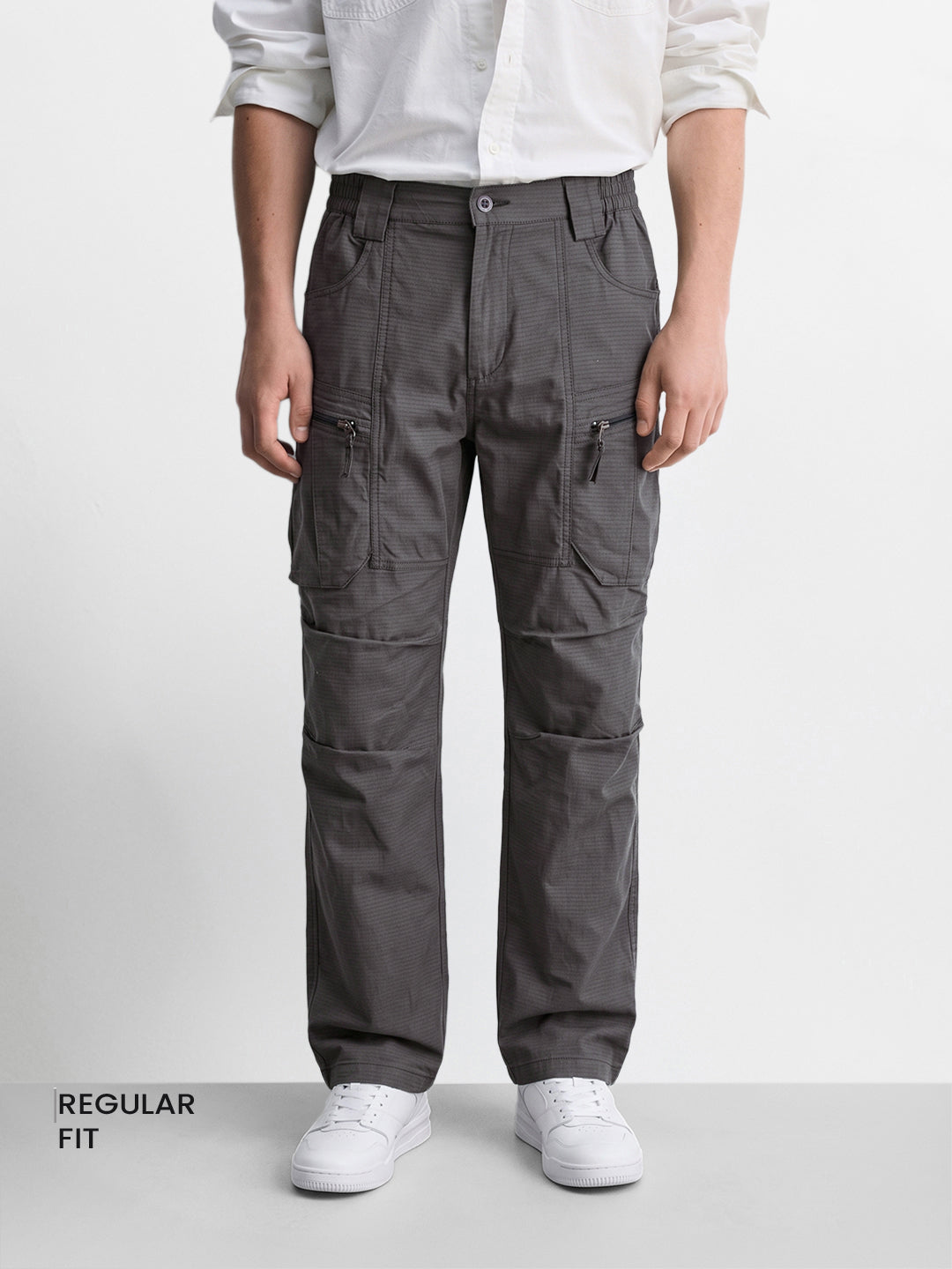 Men's Grey Regular Fit Solid Casual Cargo