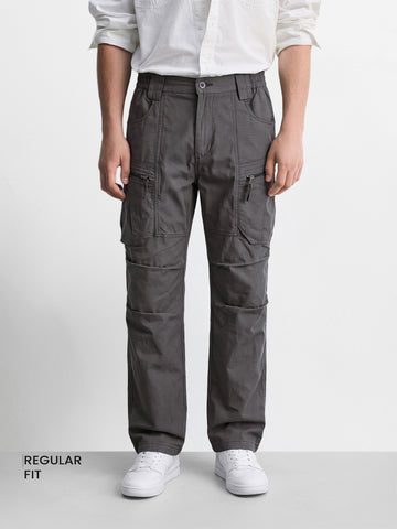 Men's Grey Regular Fit Solid Casual Cargo