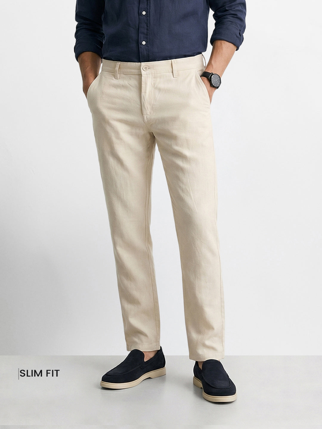 Men's Cream Slim Fit Solid Casual Chinos
