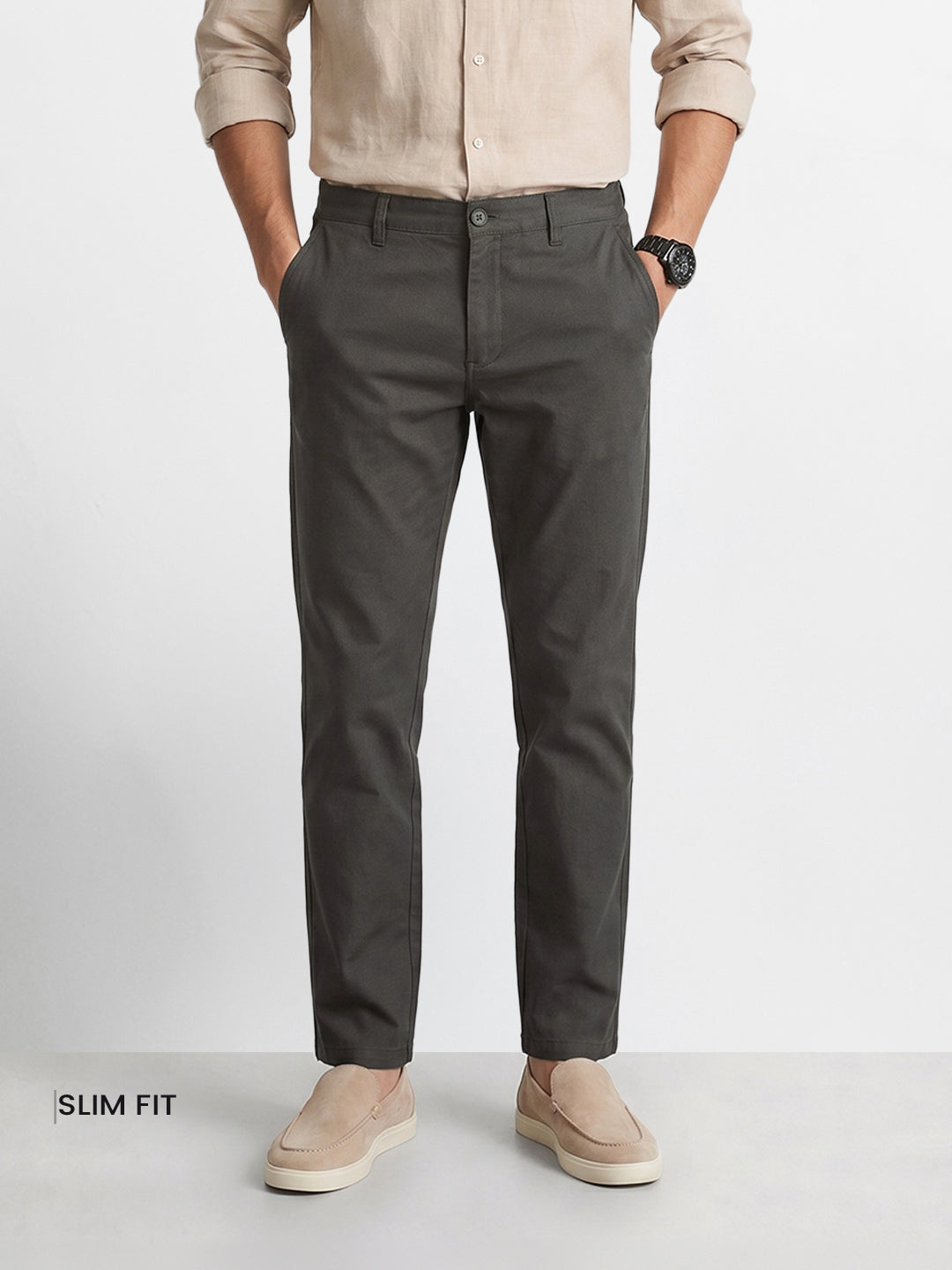 Men's Olive Slim Fit Solid Casual Chinos