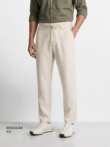 Men's Cream Regular Fit Solid Casual Trousers
