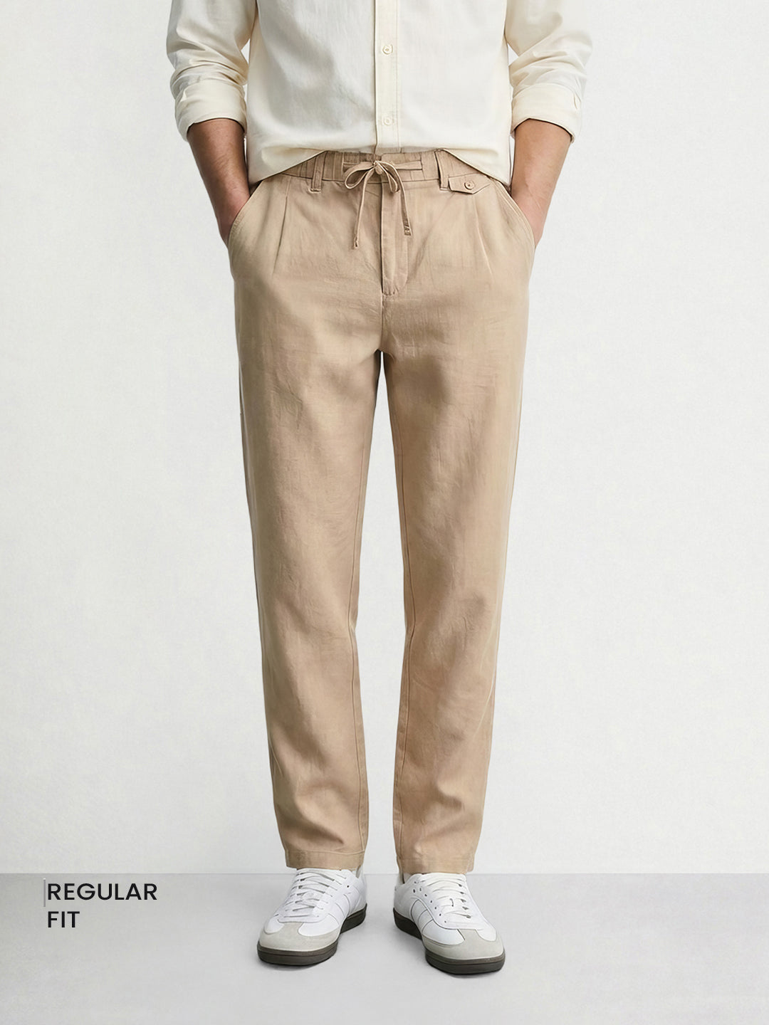 Men's Beige Regular Fit Solid Casual Trousers