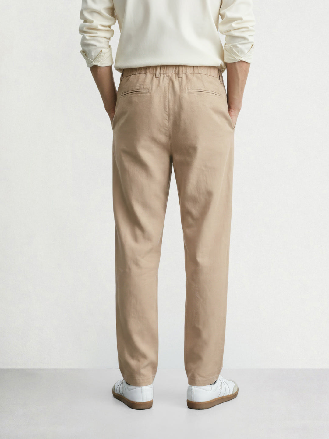 Men's Beige Regular Fit Solid Casual Trousers