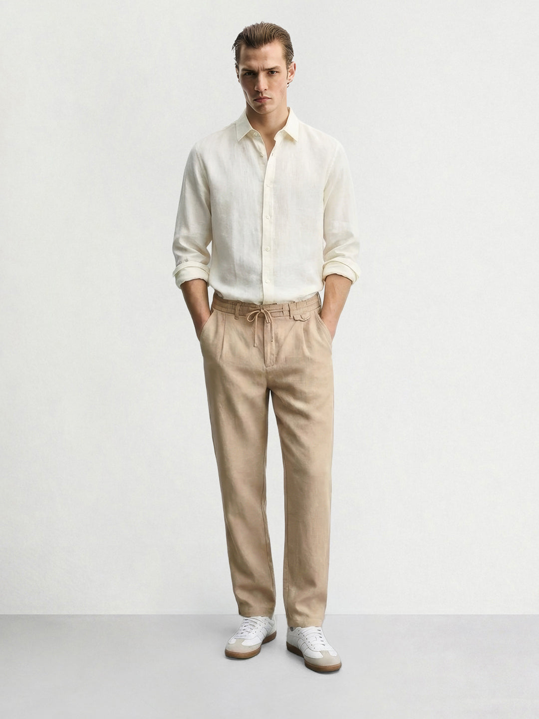 Men's Beige Regular Fit Solid Casual Trousers