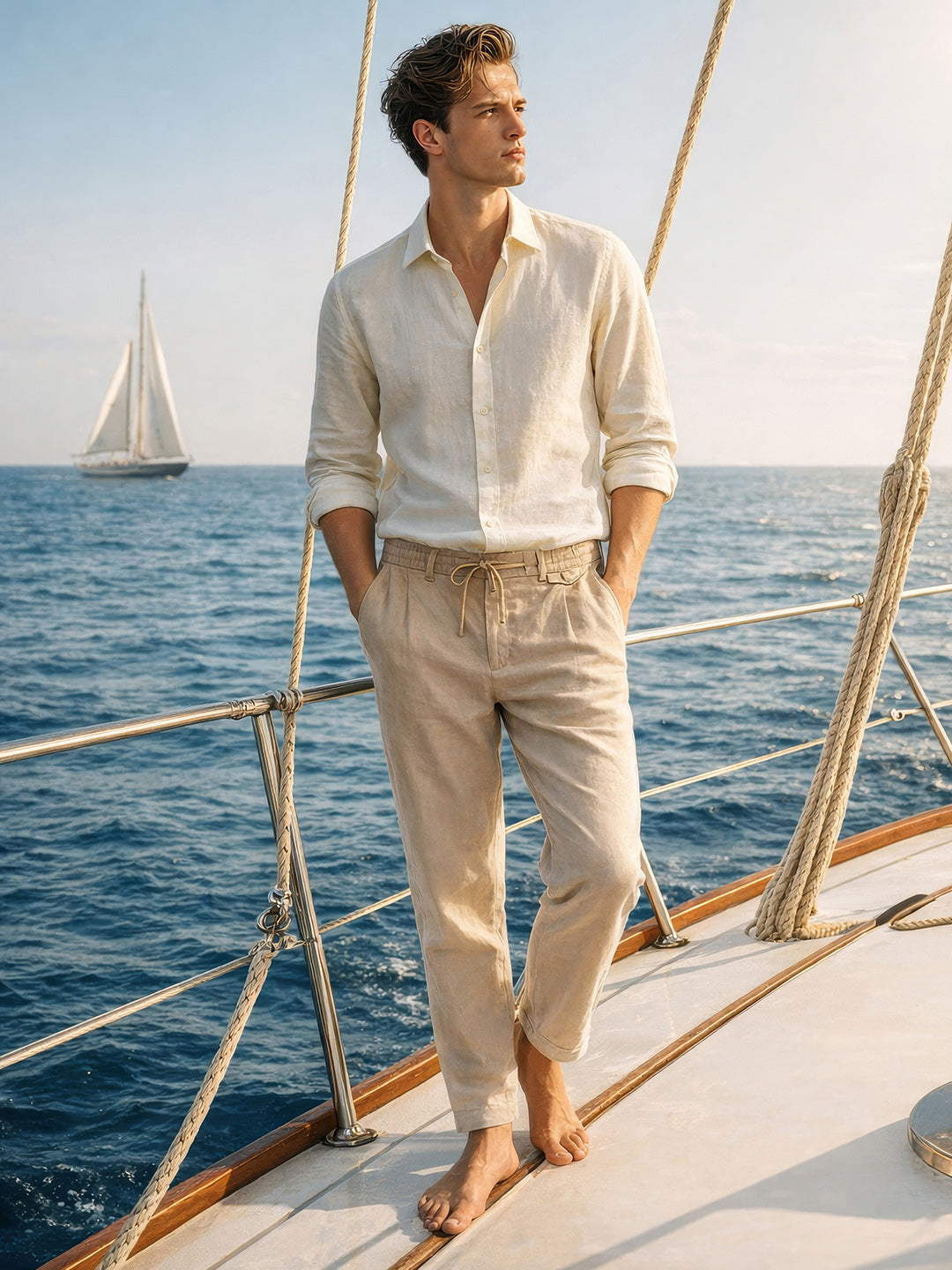 Men's Beige Regular Fit Solid Casual Trousers