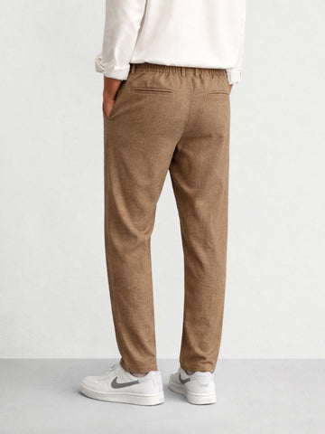 Men's Khaki Regular Fit Solid Casual Trousers