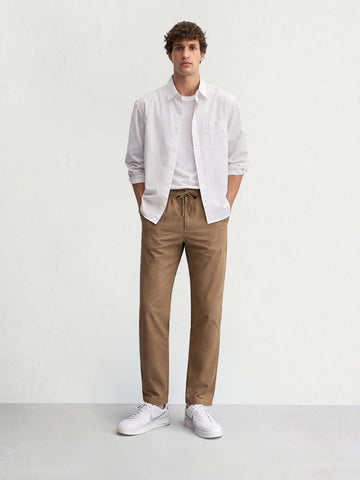 Men's Khaki Regular Fit Solid Casual Trousers