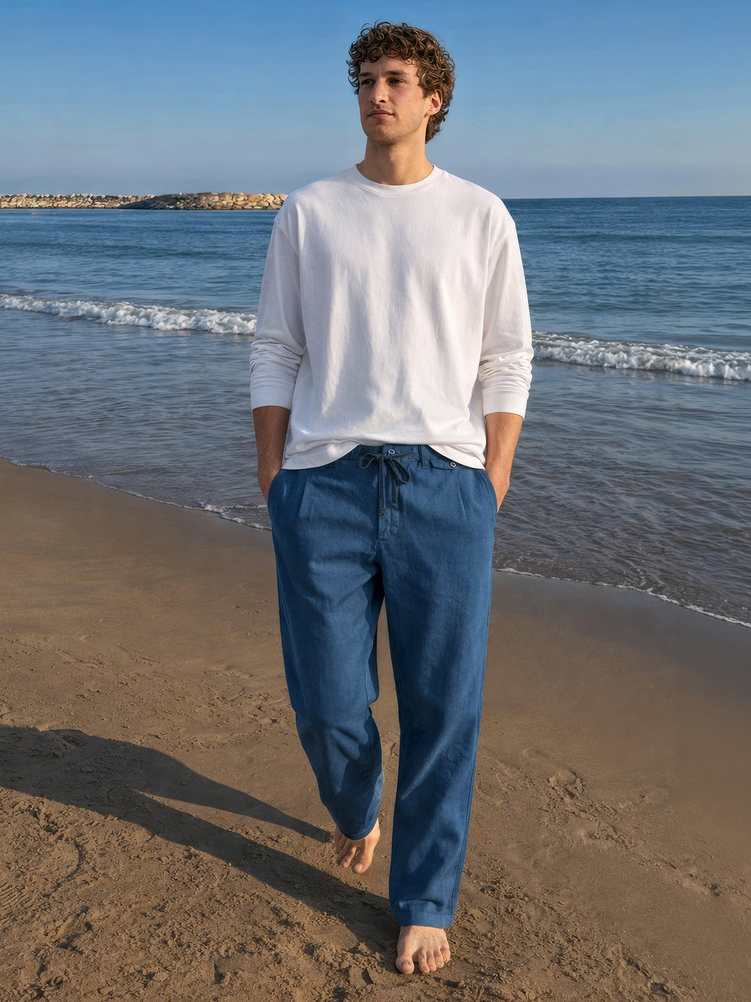 Men's Blue Regular Fit Solid Casual Trousers