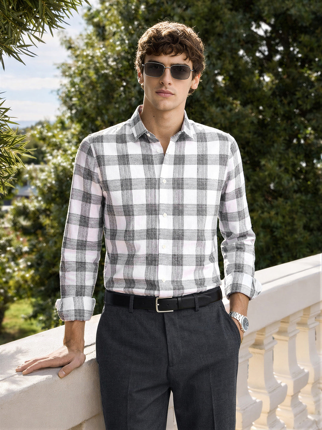 Men's White Slim Fit Checked Casual Shirt