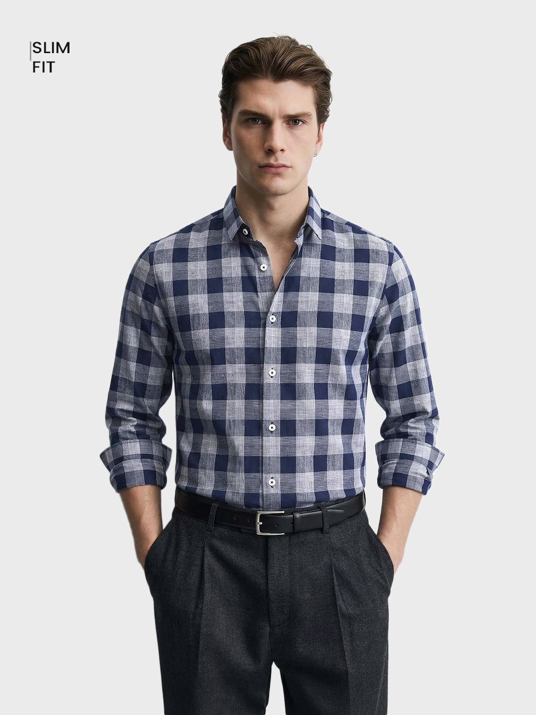 Men's Navy Blue Slim Fit Checked Casual Shirt