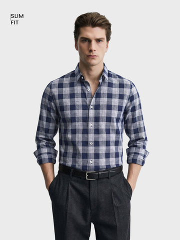 Men's Navy Blue Slim Fit Checked Casual Shirt