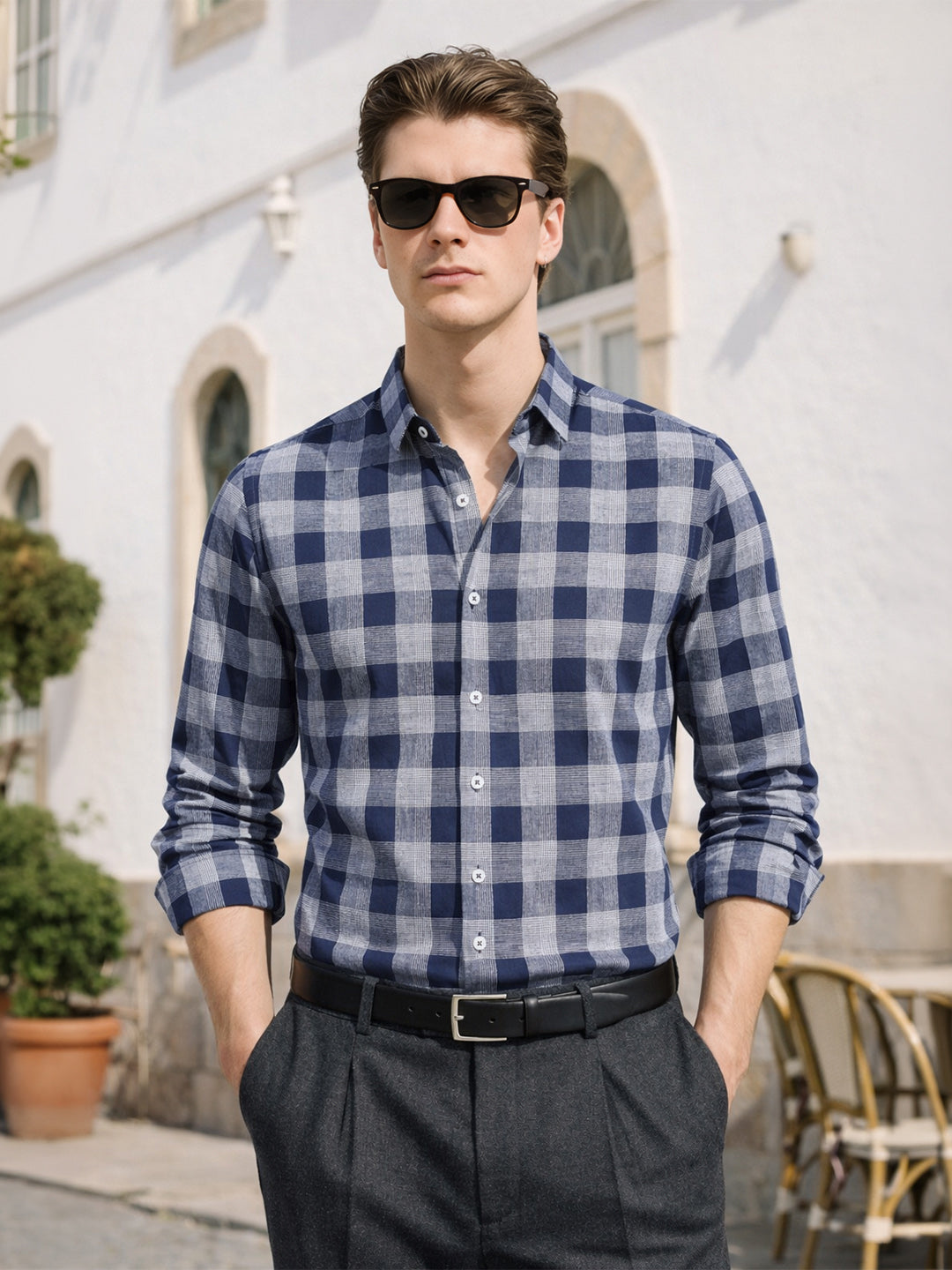 Men's Navy Blue Slim Fit Checked Casual Shirt