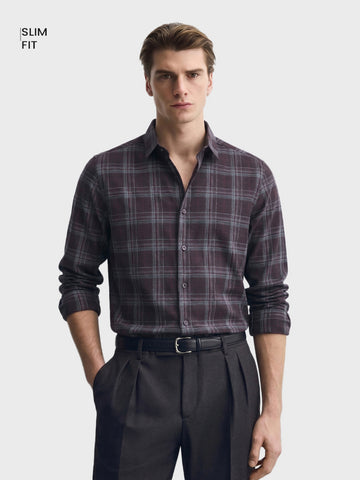 Men's Maroon Slim Fit Checked Casual Shirt