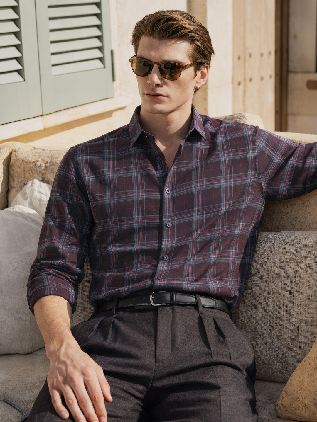 Men's Maroon Slim Fit Checked Casual Shirt