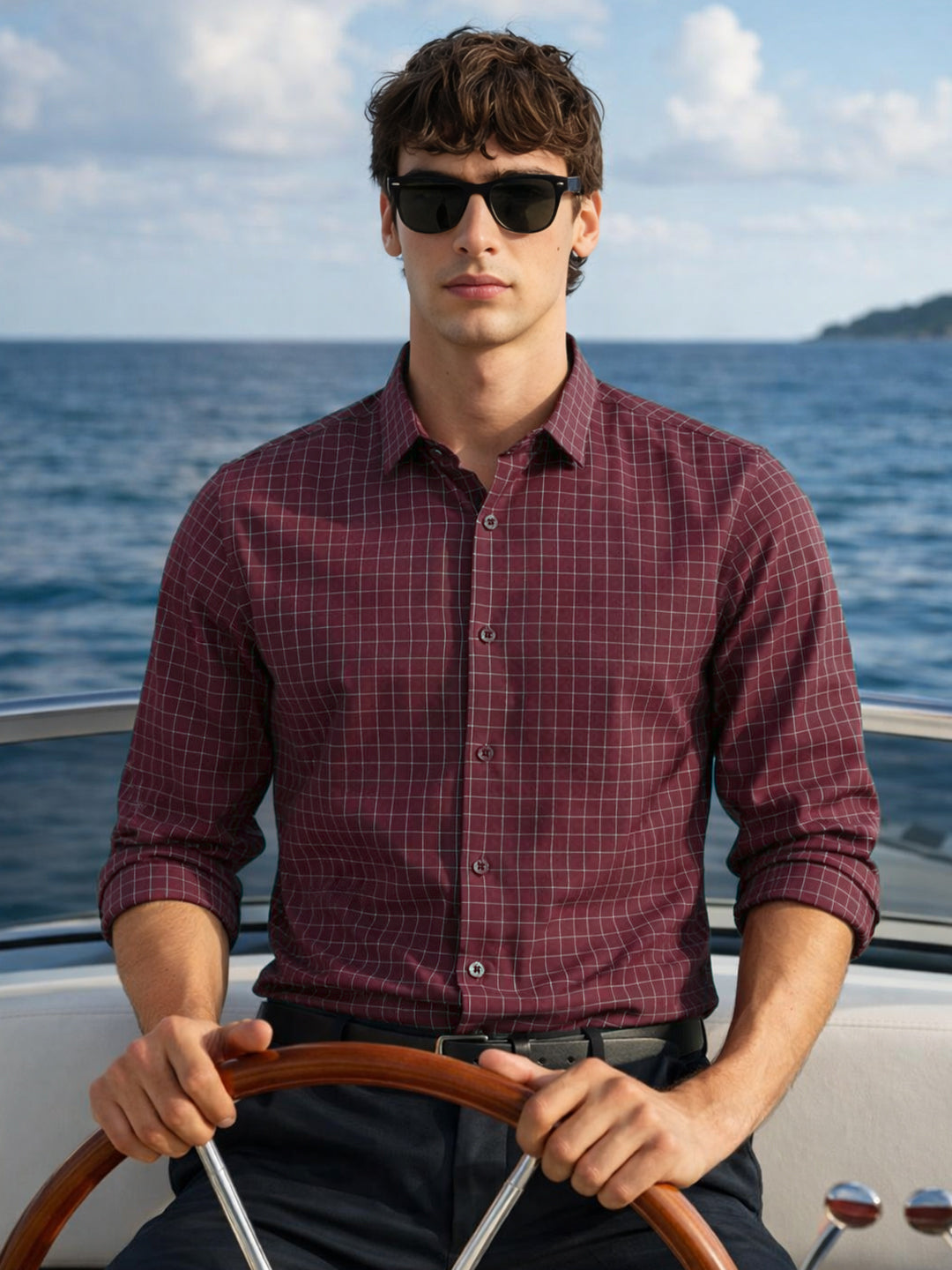 Men's Maroon Slim Fit Checked Casual Shirt