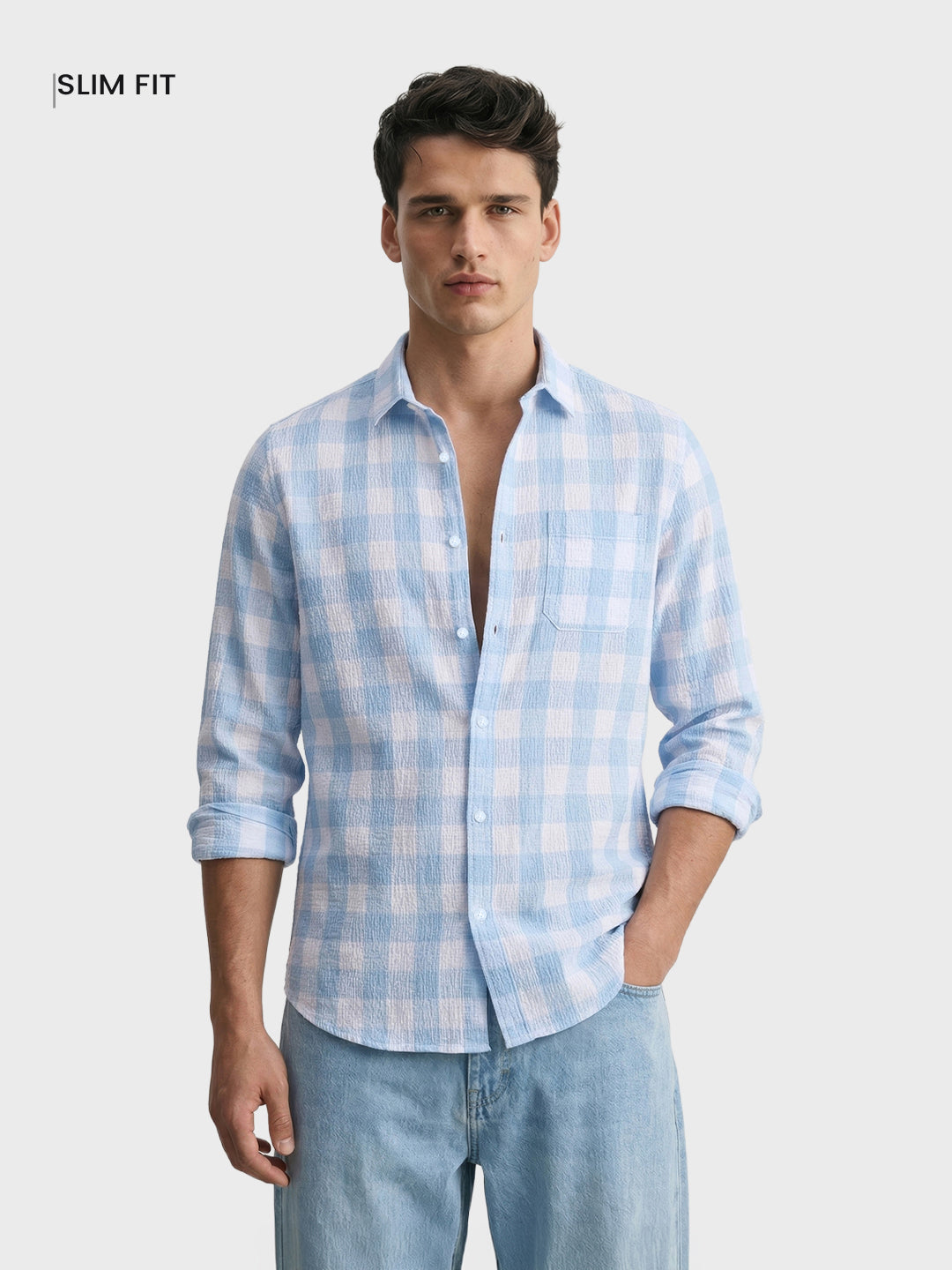 Men's Blue Relaxed Fit Checkered Oddinary Shirt