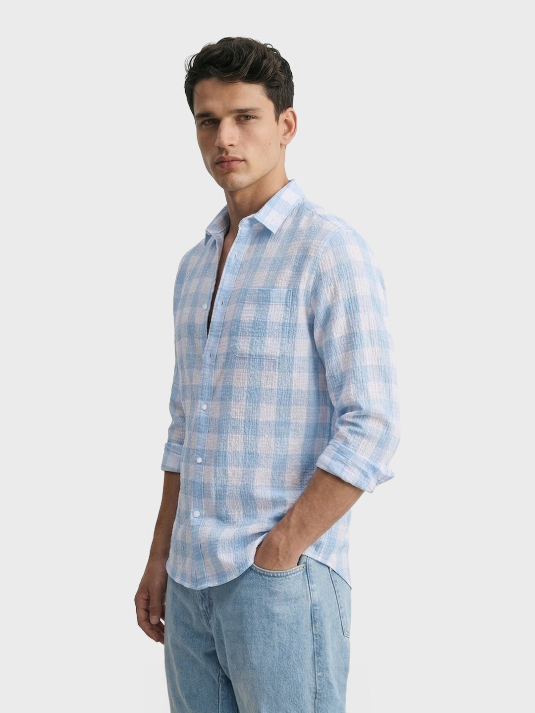Men's Blue Relaxed Fit Checkered Oddinary Shirt