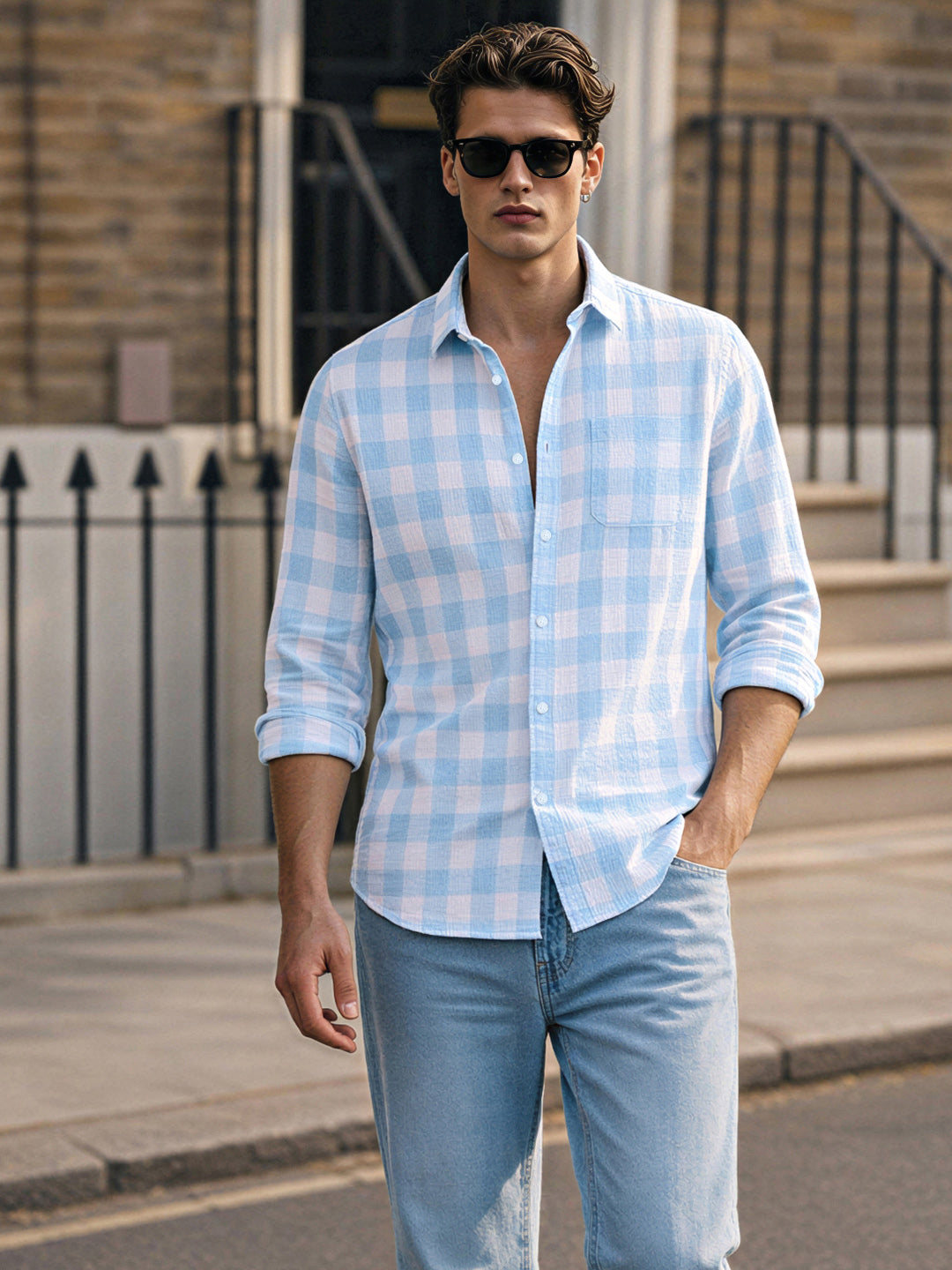 Men's Blue Relaxed Fit Checkered Oddinary Shirt
