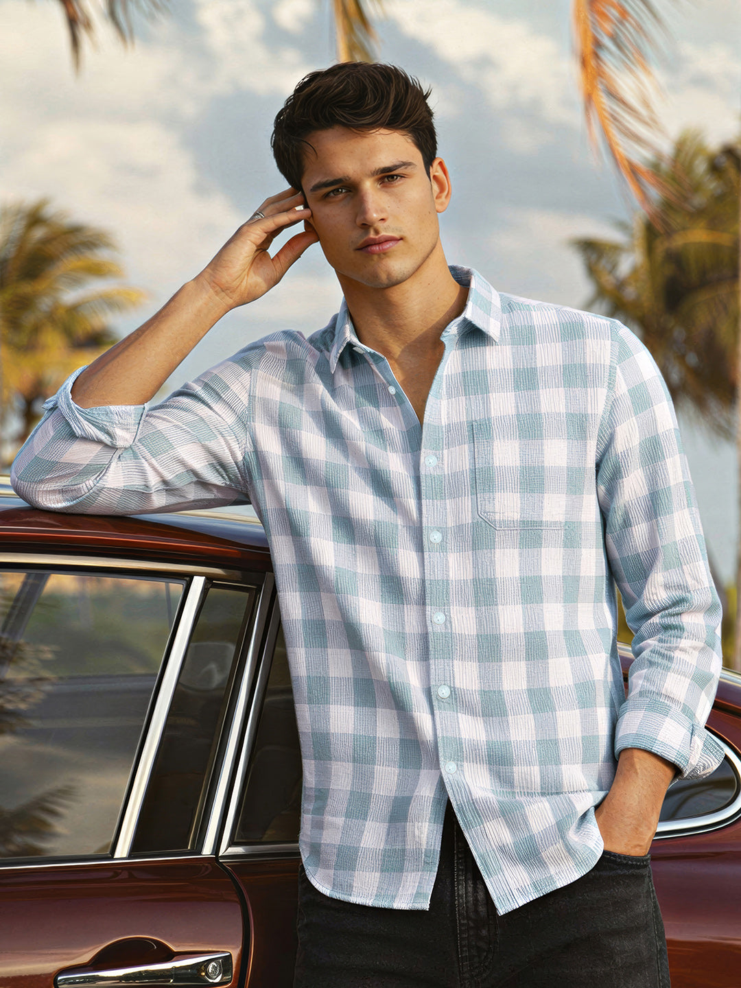 Men's Green Relaxed Fit Checkered Oddinary Shirt