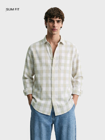 Men's Cream Relaxed Fit Checkered Oddinary Shirt
