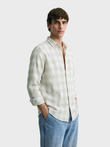 Men's Cream Relaxed Fit Checkered Oddinary Shirt