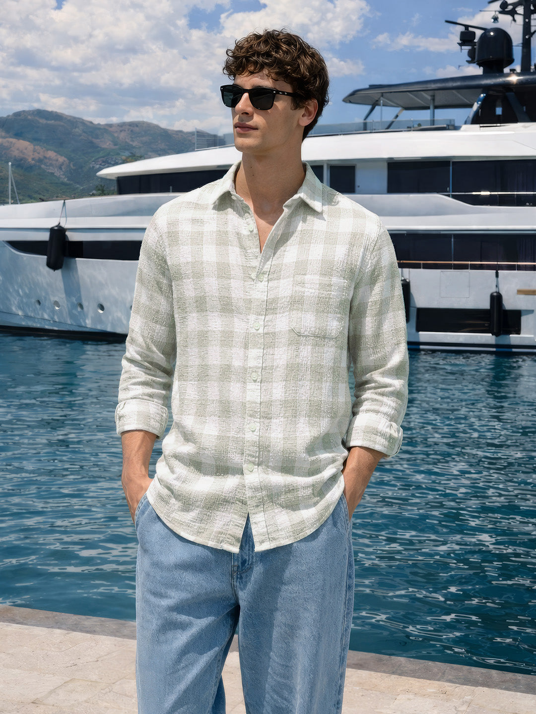 Men's Cream Relaxed Fit Checkered Oddinary Shirt