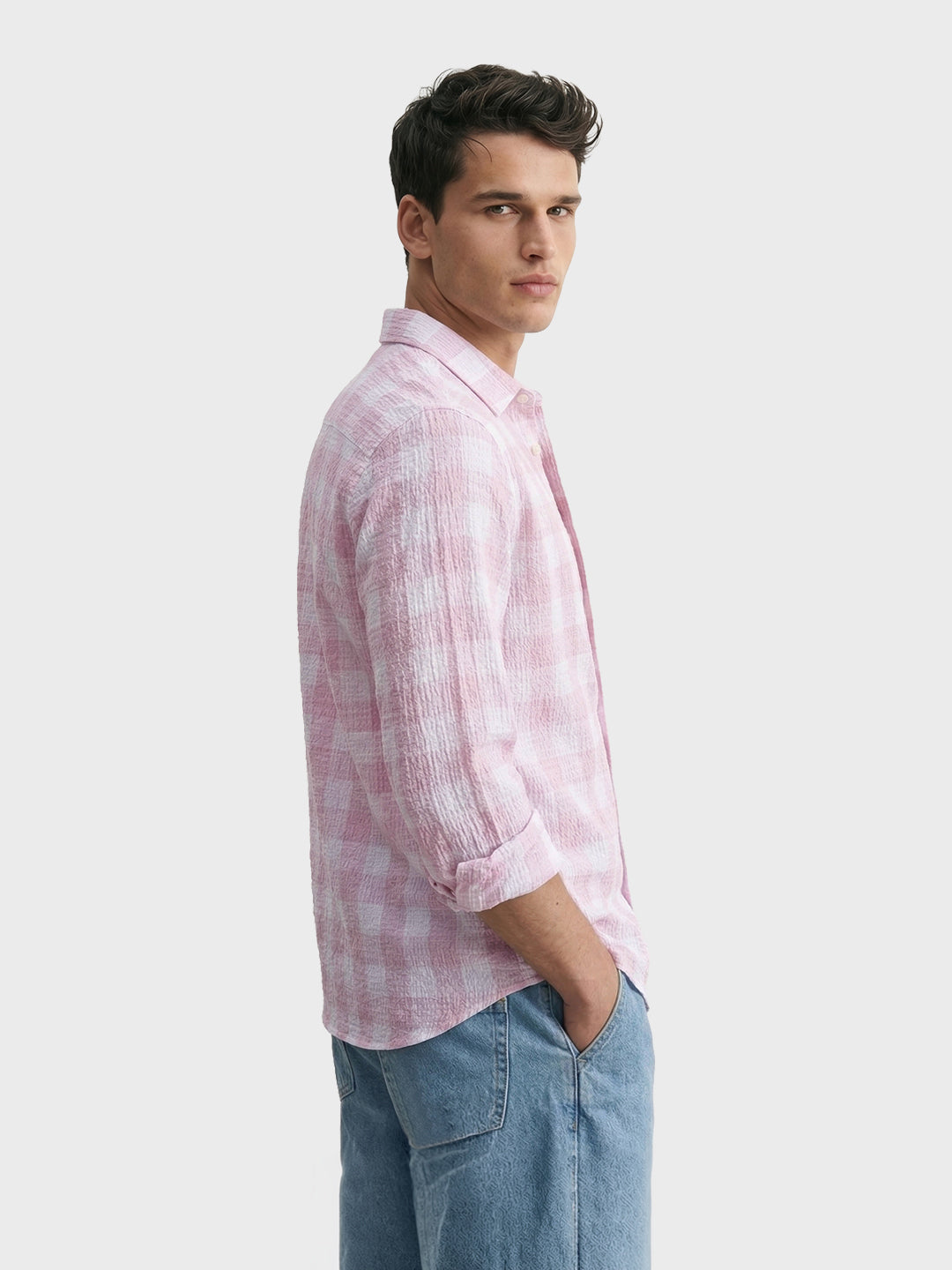 Men's Pink Relaxed Fit Checkered Oddinary Shirt