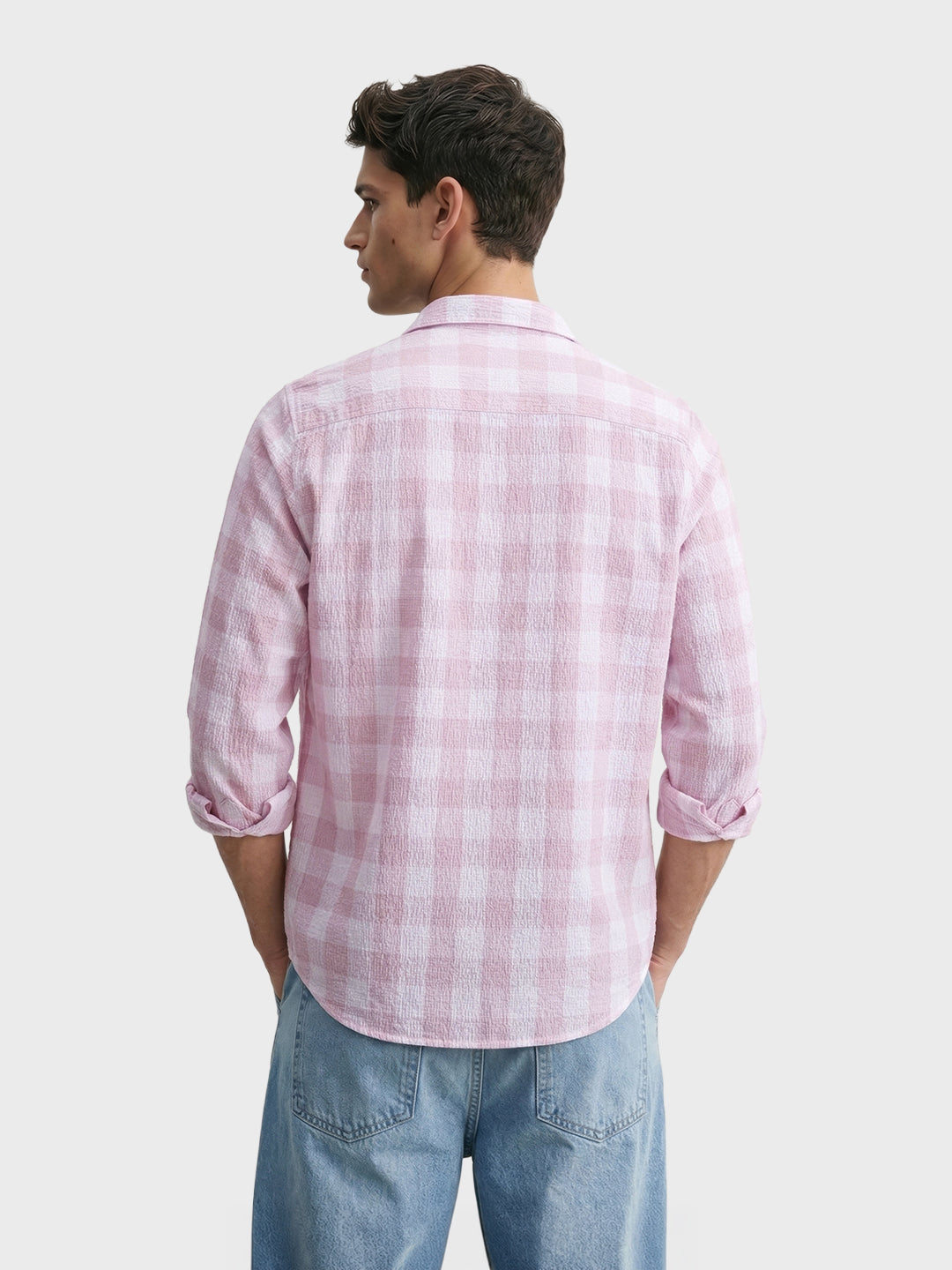 Men's Pink Relaxed Fit Checkered Oddinary Shirt