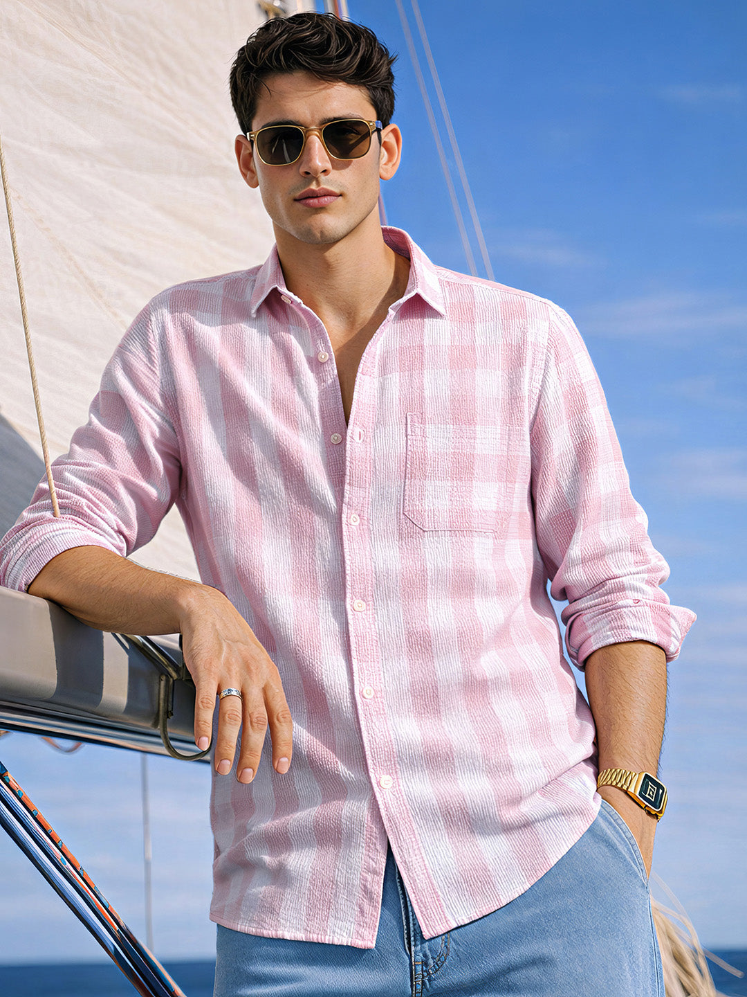 Men's Pink Relaxed Fit Checkered Oddinary Shirt