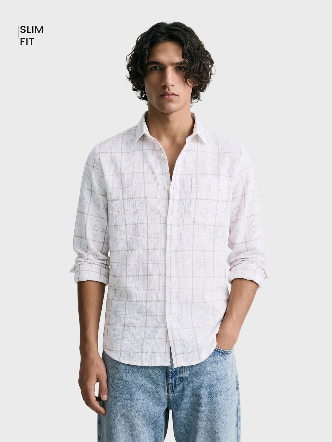 Men's White Relaxed Fit Checkered Oddinary Shirt