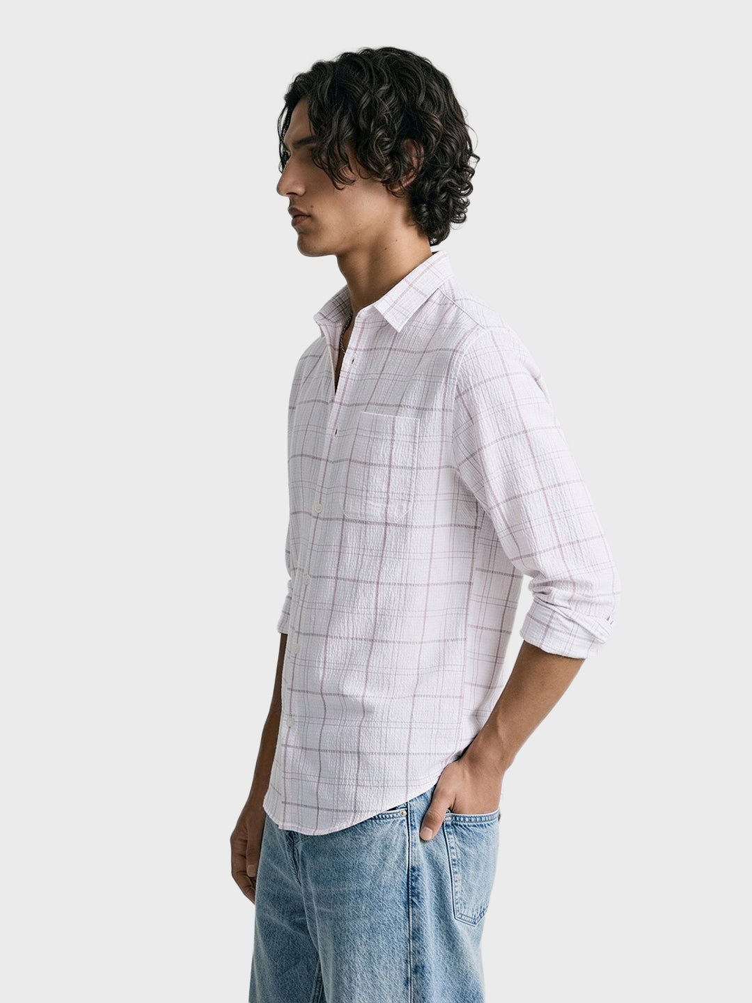 Men's White Relaxed Fit Checkered Oddinary Shirt