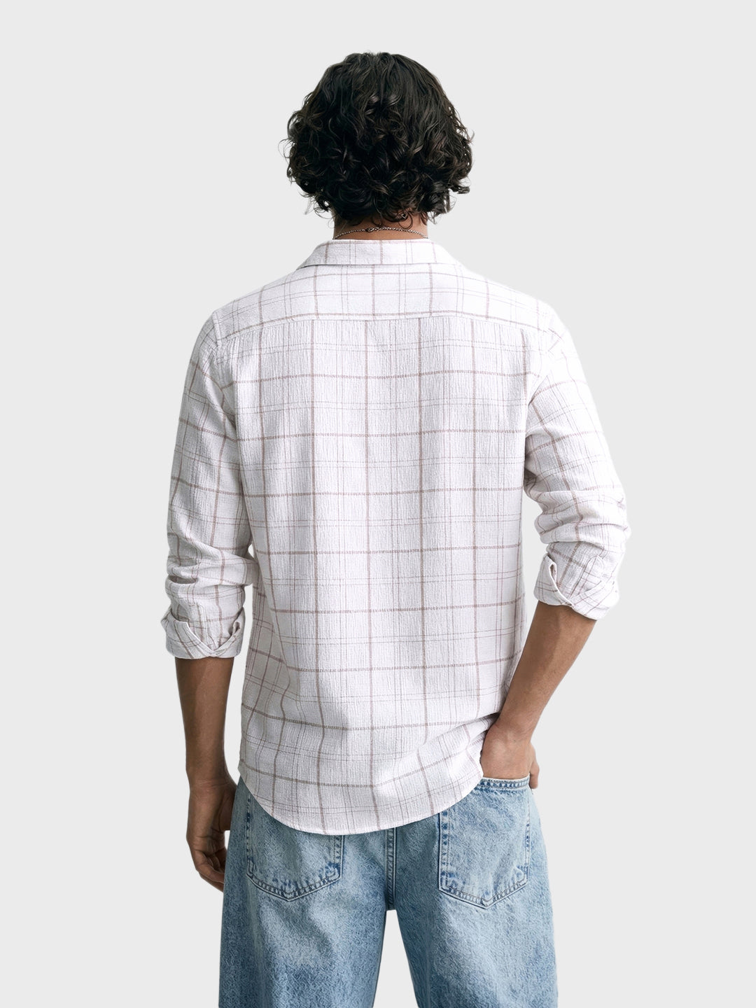 Men's White Relaxed Fit Checkered Oddinary Shirt