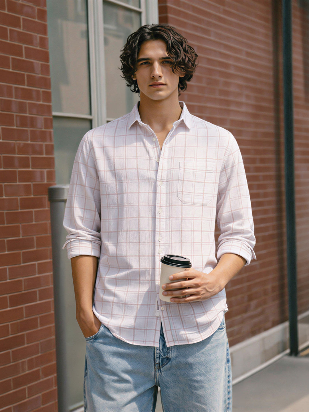 Men's White Relaxed Fit Checkered Oddinary Shirt