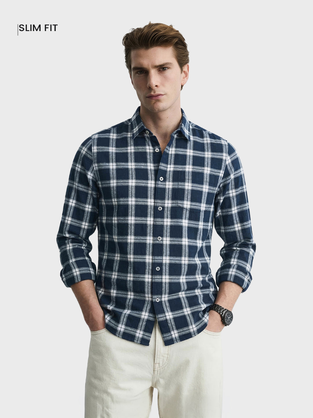 Men's Navy Blue Slim Fit Checkered Casual Shirts