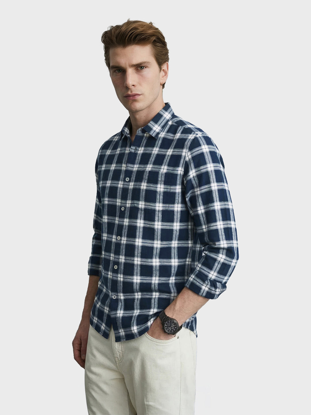 Men's Navy Blue Slim Fit Checkered Casual Shirts