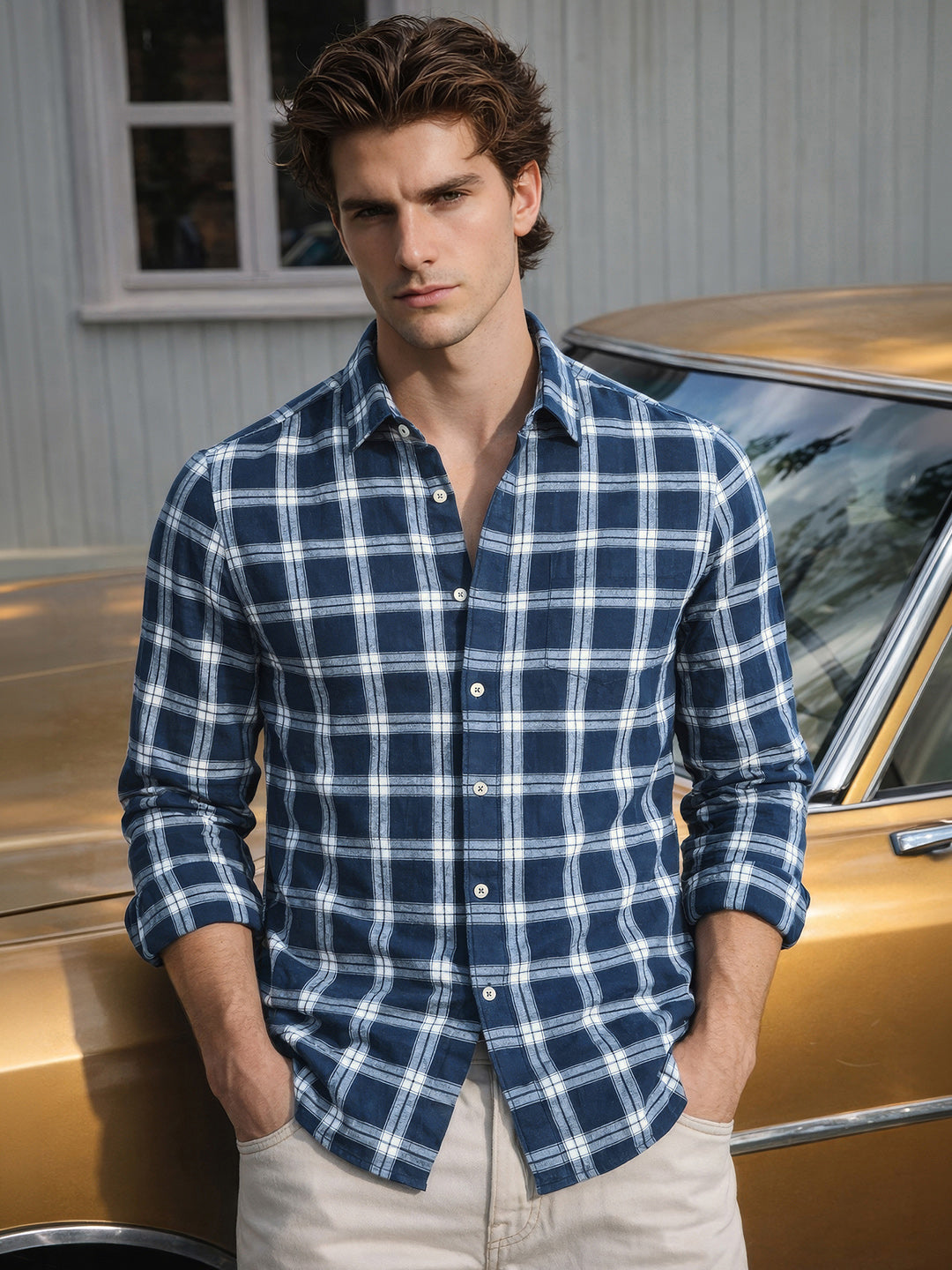 Men's Navy Blue Slim Fit Checkered Casual Shirts